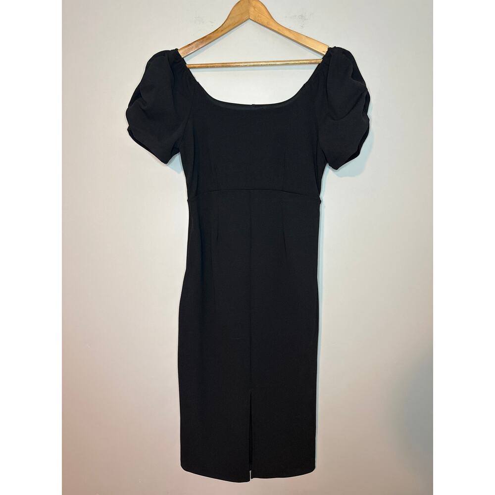 Gibson Latimer Black Pencil Dress Front Slit Midi Puff Sleeves Medium Cocktail